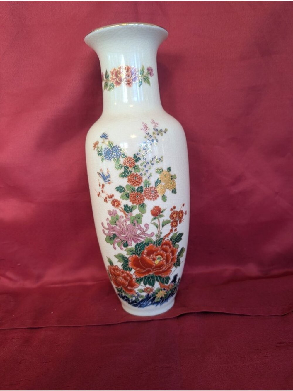 Vintage Japanese 10" Porcelain Floral Vase Hand-painted Gold Gilt Asian Decor